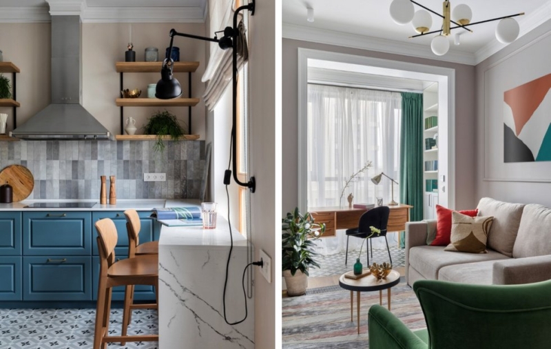 Трешка 109 м² для студентки с барной стойкой у окна и кабинетом на лоджии