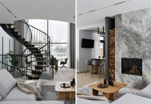 Уютный дом для семьи с двумя детьми: современный интерьер с камином и винтовой лестницей