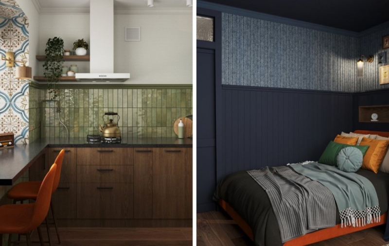 Проект квартиры 38 м² в брежневке: темная палитра, круговая планировка и мини-сад на лоджии